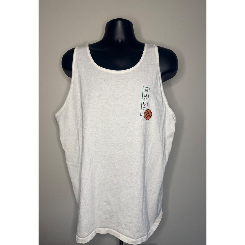 Vintage SJUMC 1996 Basketball Tournament Tank Top Mens Whitee Sleeveless Tee